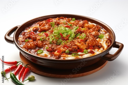 A bowl of food with meat and vegetables. Digital image. Sichuan hotpot dish.