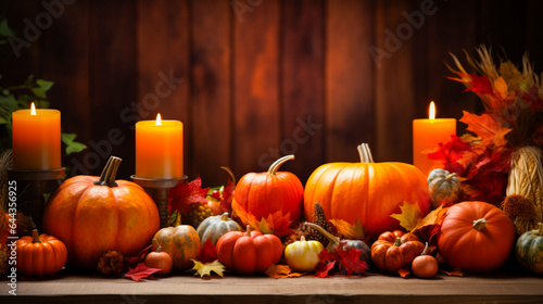 Thanksgiving dinner table with golden candles  pumpkins  and autumn decor.