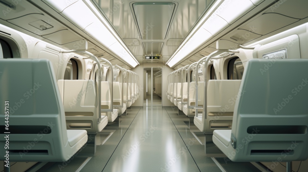 A long empty train car with no people on it. Digital image.