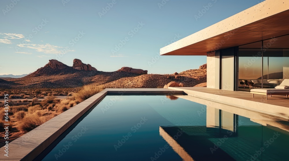 Desert Oasis: A Modern Pool Amidst Arid Beauty. Generative AI 2