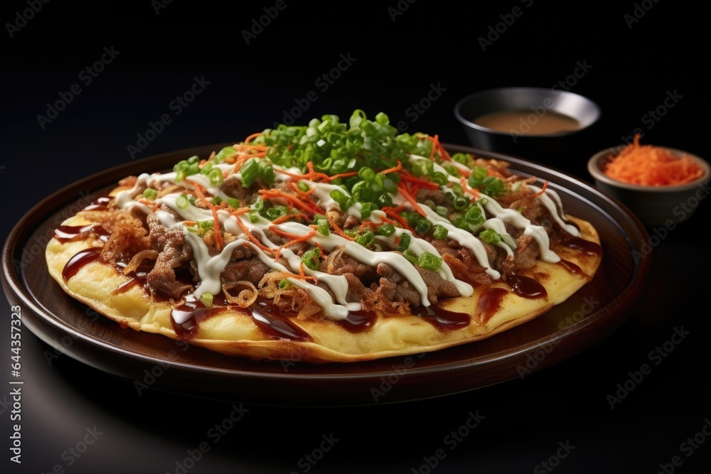 Okonomiyaki with sauce and toppings. Japanese dish. Okonomiyaki with sauce and toppings. Japanese dish.
