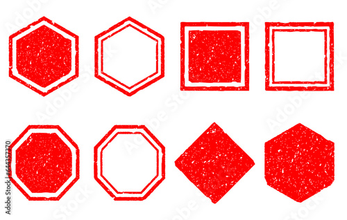 四角や多角形のかすれた和風はんこフレーム　赤