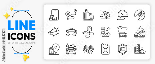 Hold box, Electric energy and Car wash line icons set for app include Baggage, Taxi, Canister oil outline thin icon. Dog leash, Time schedule, Luggage protect pictogram icon. Journey. Vector