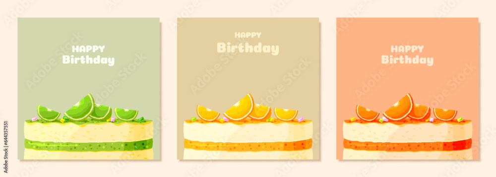 Happy birthday greeting card cake dessert pastel color flat set. Party baking food tiered pie fruity citrus lime lemon orange slices candy decorating jelly tart doodle banner delicious sweet isolated