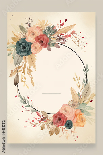 Colorful floral decoration illustration background template, creative arrangement of nature and flowers. Good for banner, wedding card invitation draft, greetings, and design element. Generative AI.