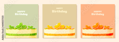 Happy birthday greeting card cake dessert pastel color flat set. Party baking food tiered pie fruity citrus lime lemon orange slices candy decorating jelly tart doodle banner delicious sweet isolated