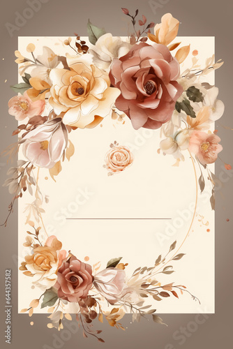 Colorful floral decoration illustration background template, creative arrangement of nature and flowers. Good for banner, wedding card invitation draft, greetings, and design element. Generative AI.