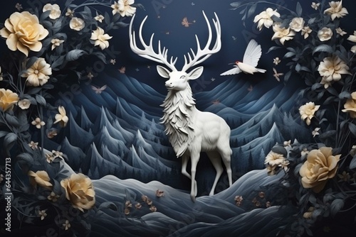 3D mural wallpaper featuring golden deer, Christmas tree, mountains, dark blue jungle backdrop, white birds, and clouds. Generative AI © Virelai