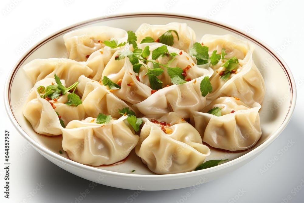 A white bowl filled with wonton dumplings covered in sauce. Digital image. A white bowl filled with wonton dumplings covered in sauce. Digital image.