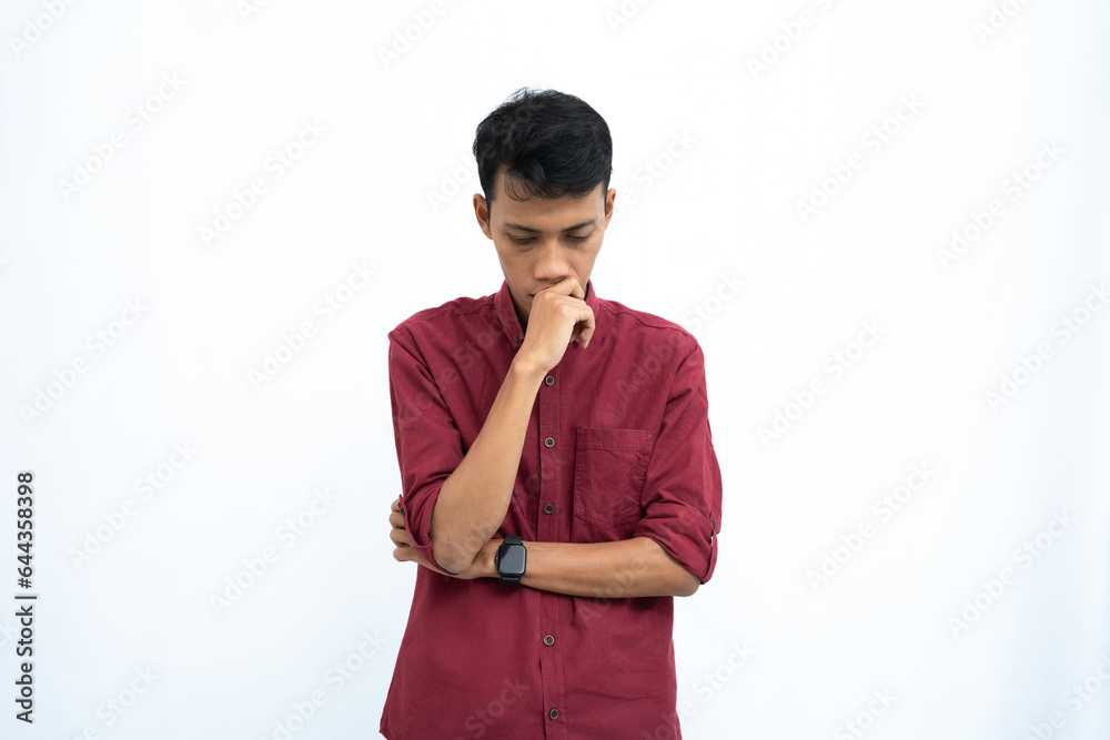 asian man, business or student concept wearing red casual shirt thinking pose, looking for ideas, getting ideas, confused. Isolated white background. asian man, business or student concept wearing red casual shirt thinking pose, looking for ideas, getting ideas, confused. Isolated white background.