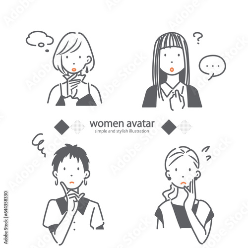 若い女性のお洒落なアイコン風イラストセット