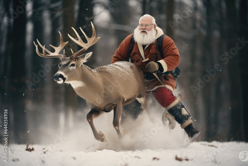 Santa Claus is riding a reindeer in a hurry to deliver gift boxes to children around the world. Santa claus, christmas, generative ai