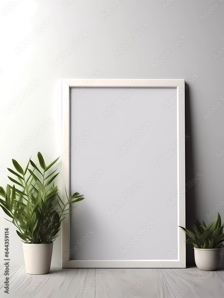 Gray wall with white signboard mockup and some greens and copy space background. Ai Generative