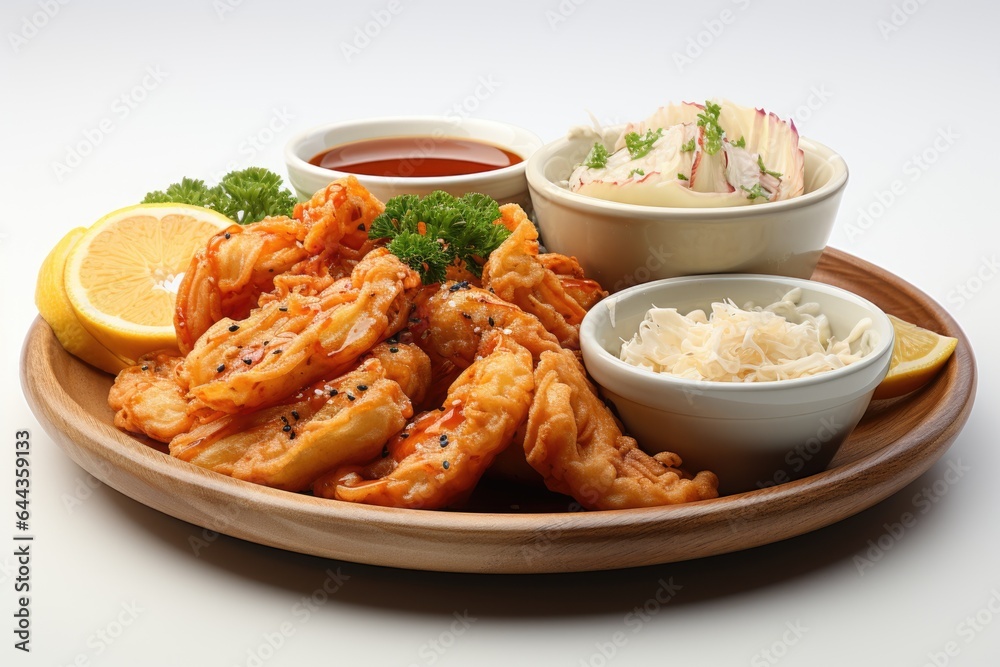 A plate of food that includes shrimp, rice, and a lemon wedge. Digital image. Tempura, Japanese fried food. A plate of food that includes shrimp, rice, and a lemon wedge. Digital image. Tempura, Japanese fried food.