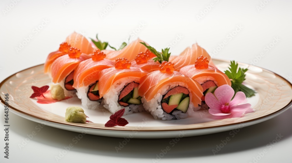 A plate of sushi with salmon and avocado. Digital image.