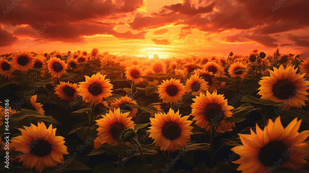 a field of sunflowers at sunset, ai generated.
