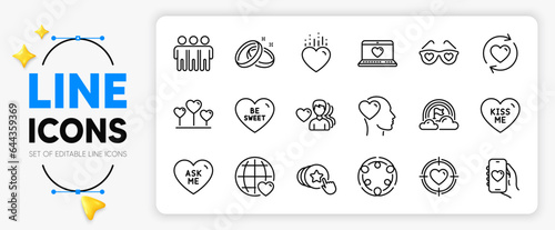 Wedding rings, Friend and Inclusion line icons set for app include Man love, Friendship, Hold heart outline thin icon. Love heart, Be sweet, Valentine target pictogram icon. Vector