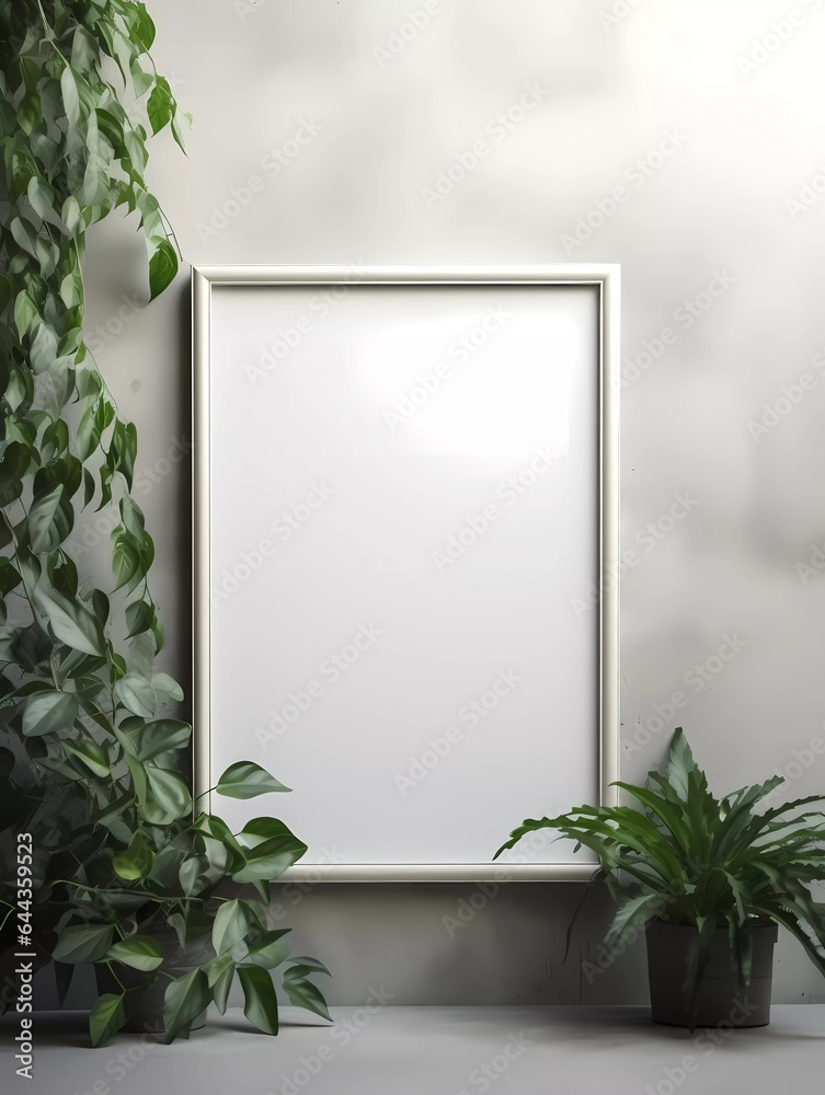 Gray wall with white signboard mockup and some greens and copy space background. Ai Generative