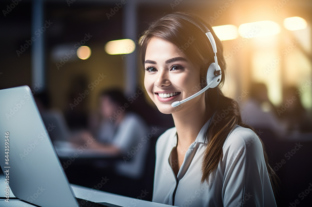 Dedicated Call Center Team Smiling Women Providing Exceptional Service in a Modern White Office with Lens Flare. created with Generative AI Dedicated Call Center Team Smiling Women Providing Exceptional Service in a Modern White Office with Lens Flare. created with Generative AI