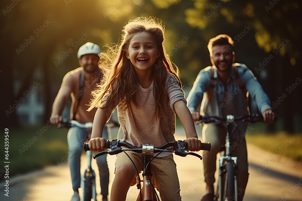 Obraz premium Joyful Morning Ride Caucasian Family Biking Together in the Park, Embracing Hobby and Relaxation. created with Generative AI