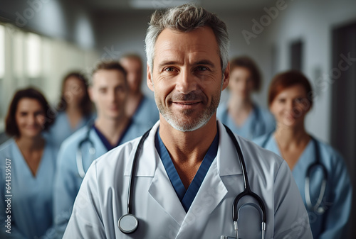 Caucasian Doctor Leading a Dedicated Team of Nurses and Assistants, Providing Expert Health and Professional Care. created with Generative AI