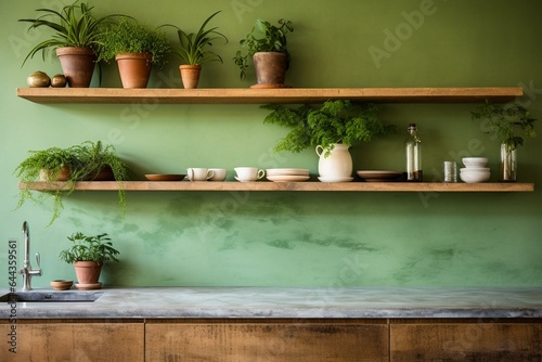 Kitchen with green wall and wooden shelf. Generative AI