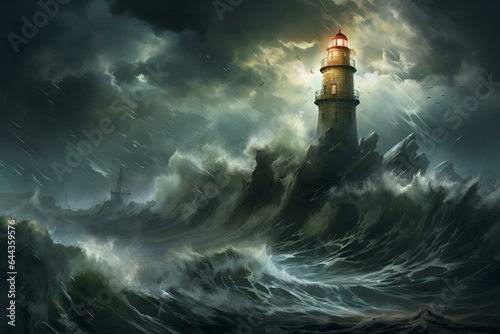 Artwork of a mystic lighthouse amidst turbulent sea, dark skies, and enigmatic elements. Ideal for tarot and posters. Generative AI