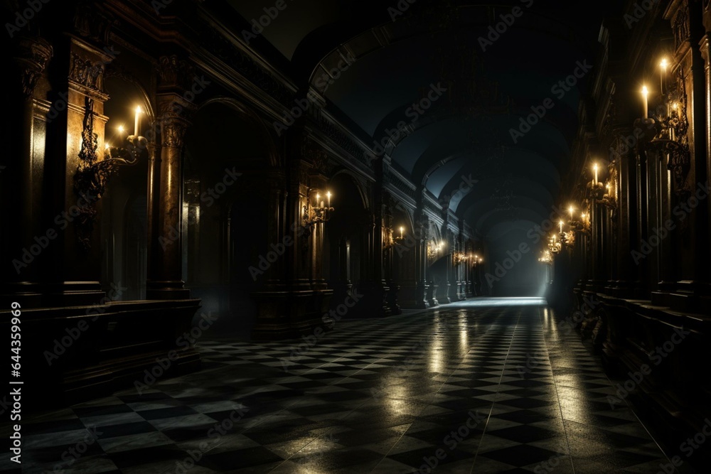 An eerie corridor in a sinister palace with dim lighting, evoking a sense of mystery and foreboding. Generative AI