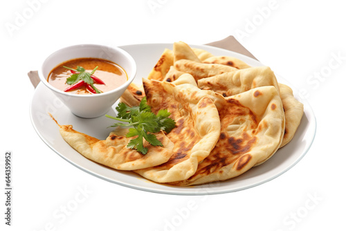 ndian roti prata canai 2 pieces with spicy curry chicken gravy soup in bowl in white background asian halal menu