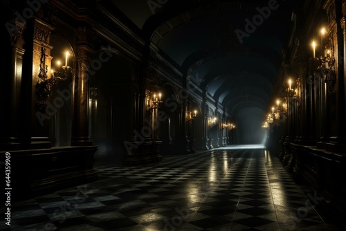 An eerie corridor in a sinister palace with dim lighting, evoking a sense of mystery and foreboding. Generative AI