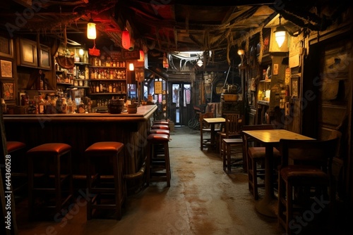 Dimly lit dive bar with narrow passage and rustic decor. Generative AI