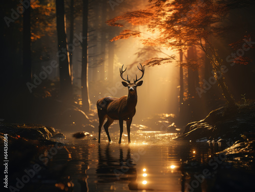 a deer walking through forest with sunlight streaming, ai generated. © Rainbow Kuma