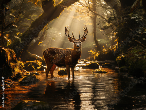 a deer walking through forest with sunlight streaming, ai generated.