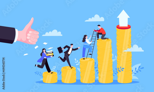 Business mentor helps improve career and money stacks growing. He holds stairs steps vector illustration. Mentorship, upskills, climb help self development strategy flat style design business concept.