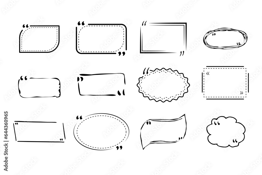 Obraz premium Set quote text box, frames border in hand drawn doodle style isolated. Bubble, review template.