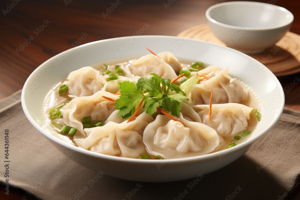A bowl of soup with dumplings and garnish. Digital image. Chinese wonton soup.