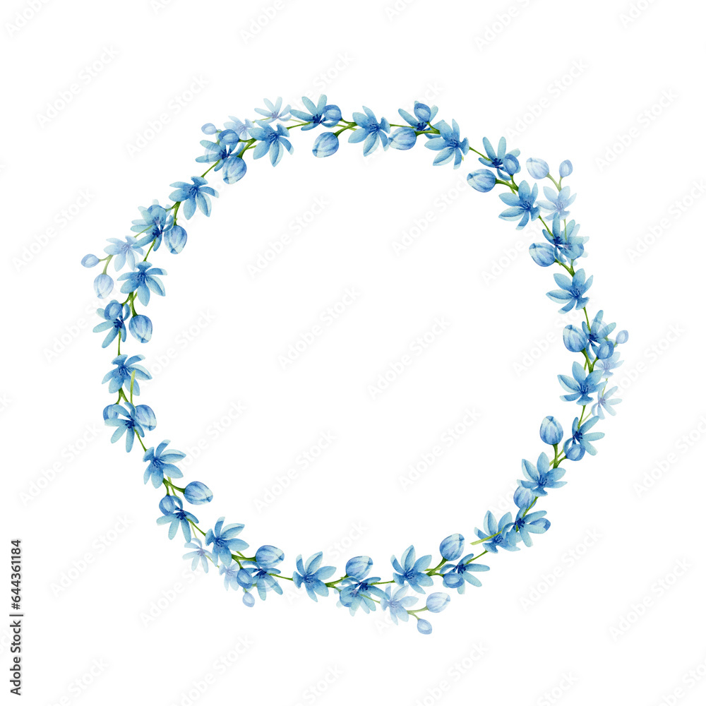Watercolor blue spring flowers wreath. Floral blue wreath for invitation card design, elegant, romanic illustration - obrazy, fototapety, plakaty 