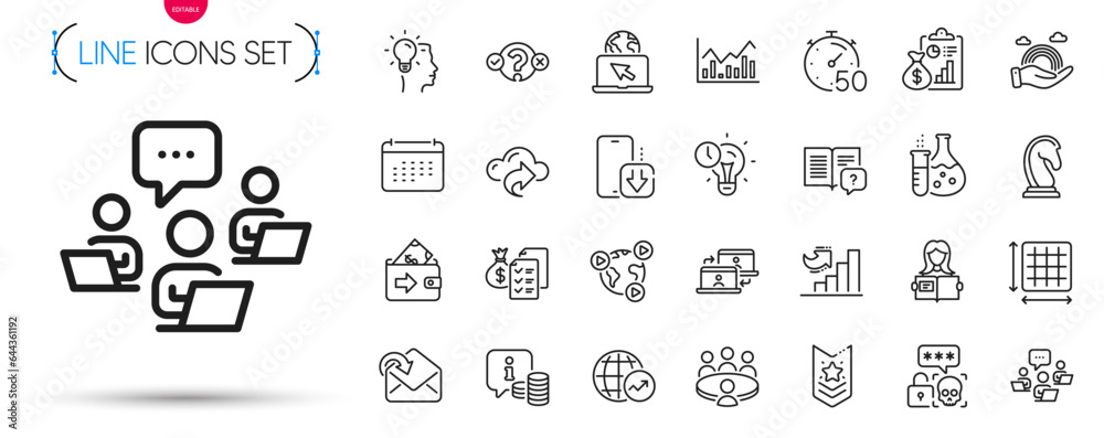 Pack of Accounting wealth, Chemistry flask and Time management line icons. Include Internet, Teamwork, Growth chart pictogram icons. Quiz test, Report, Infochart signs. Vector