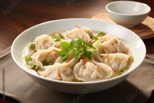 A bowl of soup with dumplings and garnish. Digital image. Chinese wonton soup.