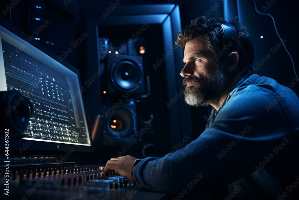 A man working in a recording studio, focused on his computer screen
