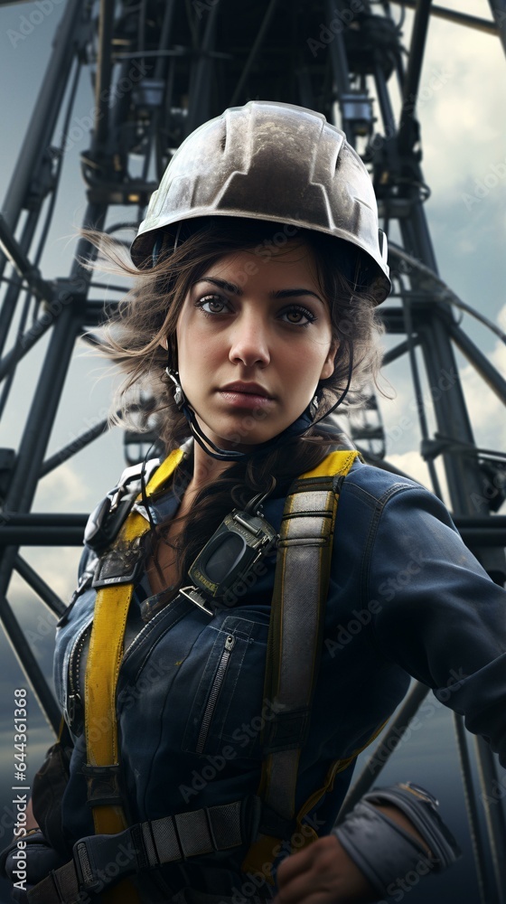 A woman in a hard hat standing in front of a tower A woman in a hard hat standing in front of a tower