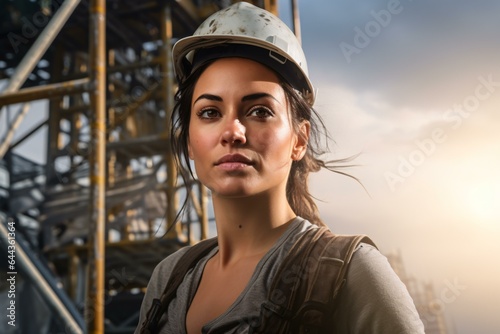 A woman in a hard hat posing in front of a metal structure