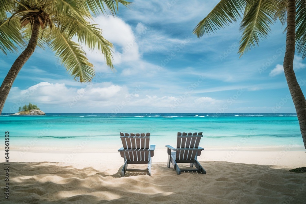 Stunning tropical beach scene with palm trees, calm sea, and beach chairs. Generative AI
