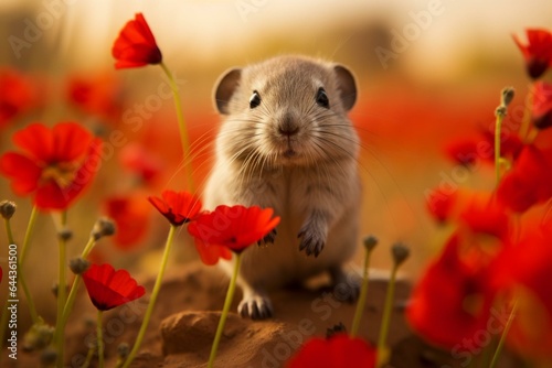 Plump gerbil on red flower, adorable. Generative AI photo
