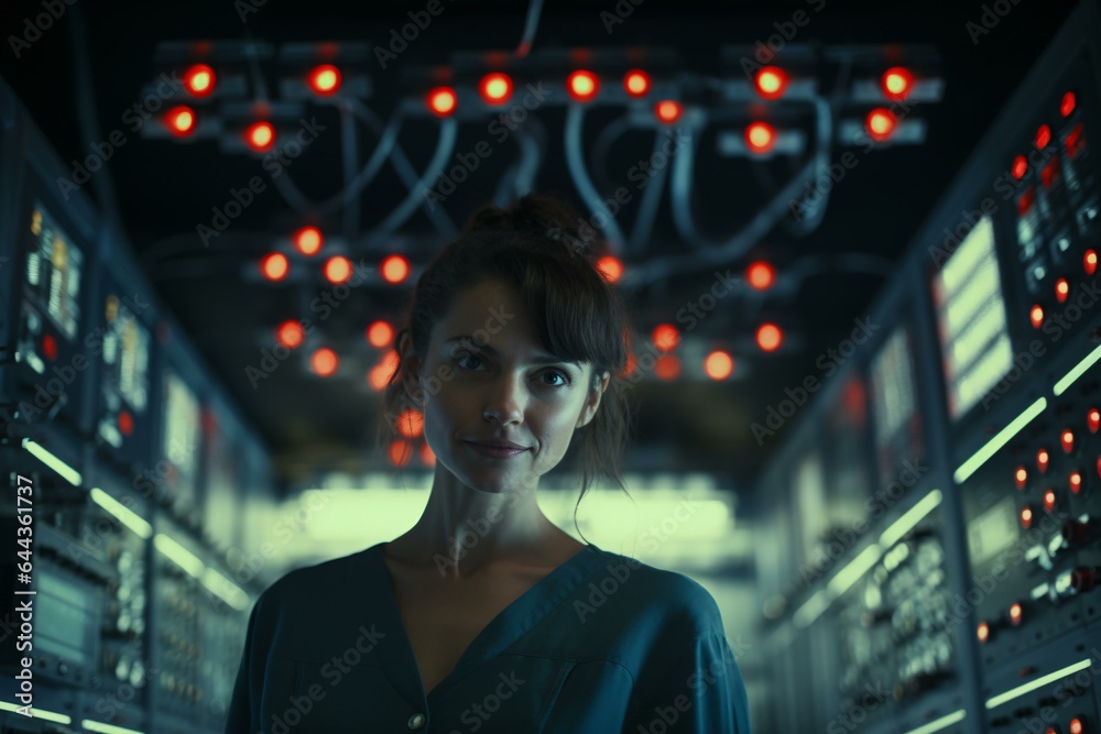 Naklejka premium A woman standing in front of a tangle of wires