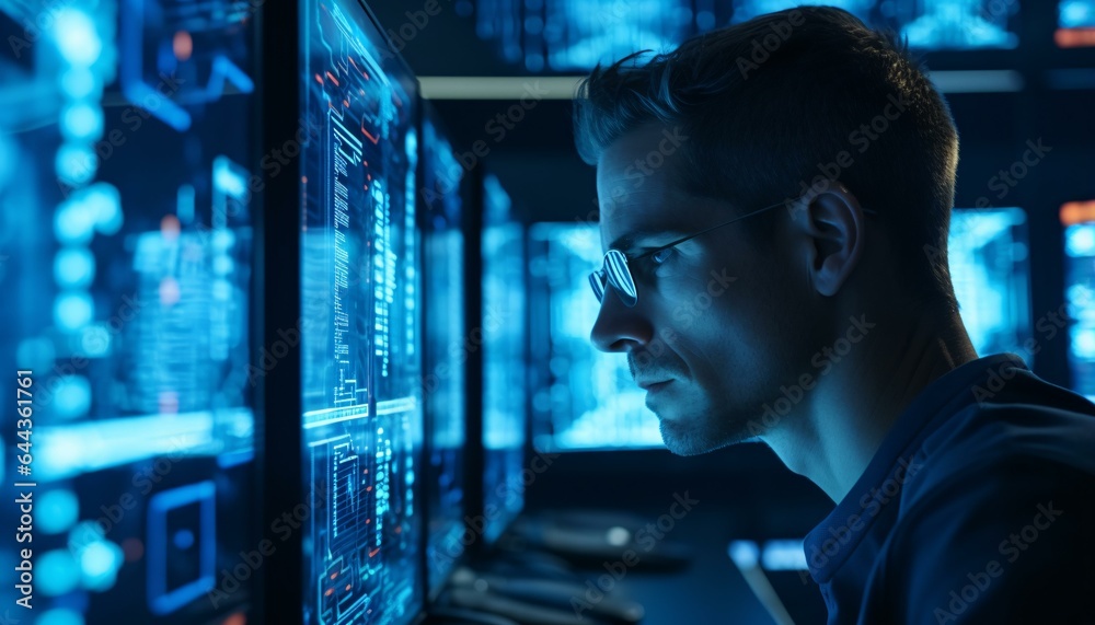 A man focused on a computer screen A man focused on a computer screen
