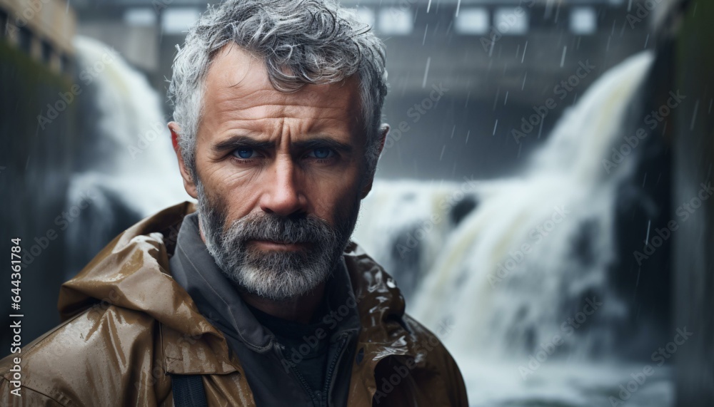 A mature man admiring the beauty of a majestic waterfall A mature man admiring the beauty of a majestic waterfall