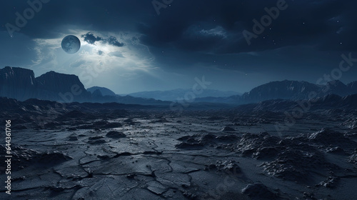 Empty stone floor black with background rugged mountain landscape under a moonlit sky, filled with drifting clouds