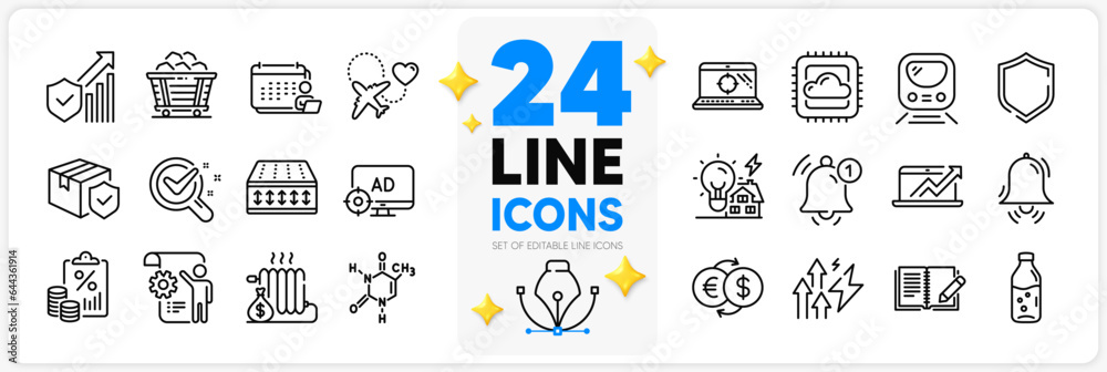 Icons set of Energy inflation, Water bottle and Security statistics line icons pack for app with Flexible mattress, Sales diagram, Seo laptop thin outline icon. Chemical formula. Vector