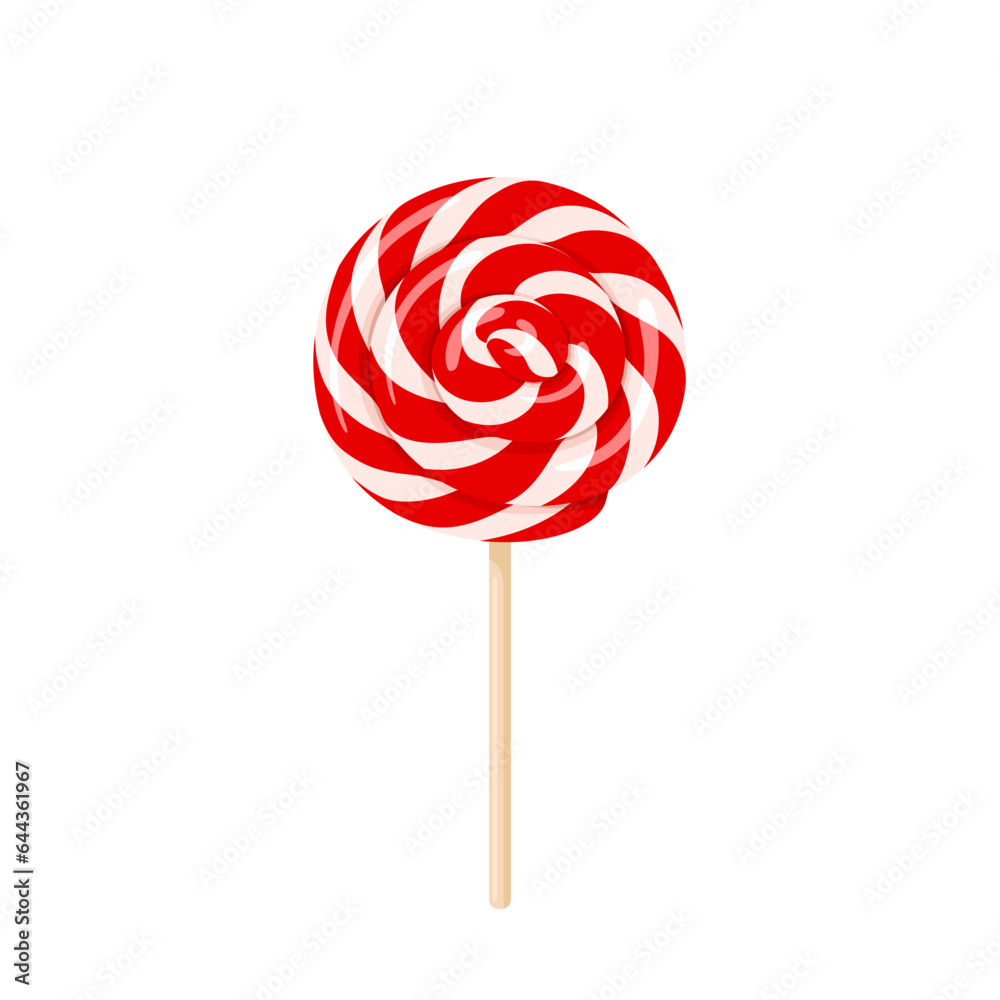Red and white lollipop swirl on wooden stick isolated on white background. Vector cartoon flat illustration of sweet round candy. Red and white lollipop swirl on wooden stick isolated on white background. Vector cartoon flat illustration of sweet round candy.